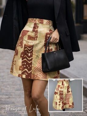 Vintage 90s Jean Artsy Boho Tribal Safari A Line mini Skirt.